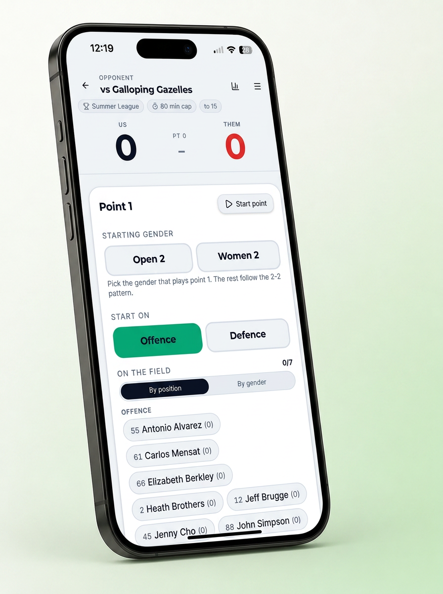 StackUp app showing a live ultimate frisbee game with real-time score, roster, and quick action buttons.